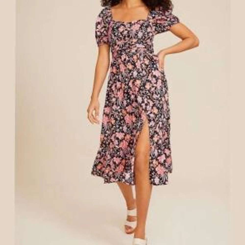 Band of the Free | Black and Pink Floral Puff Sleeve Midi Dress